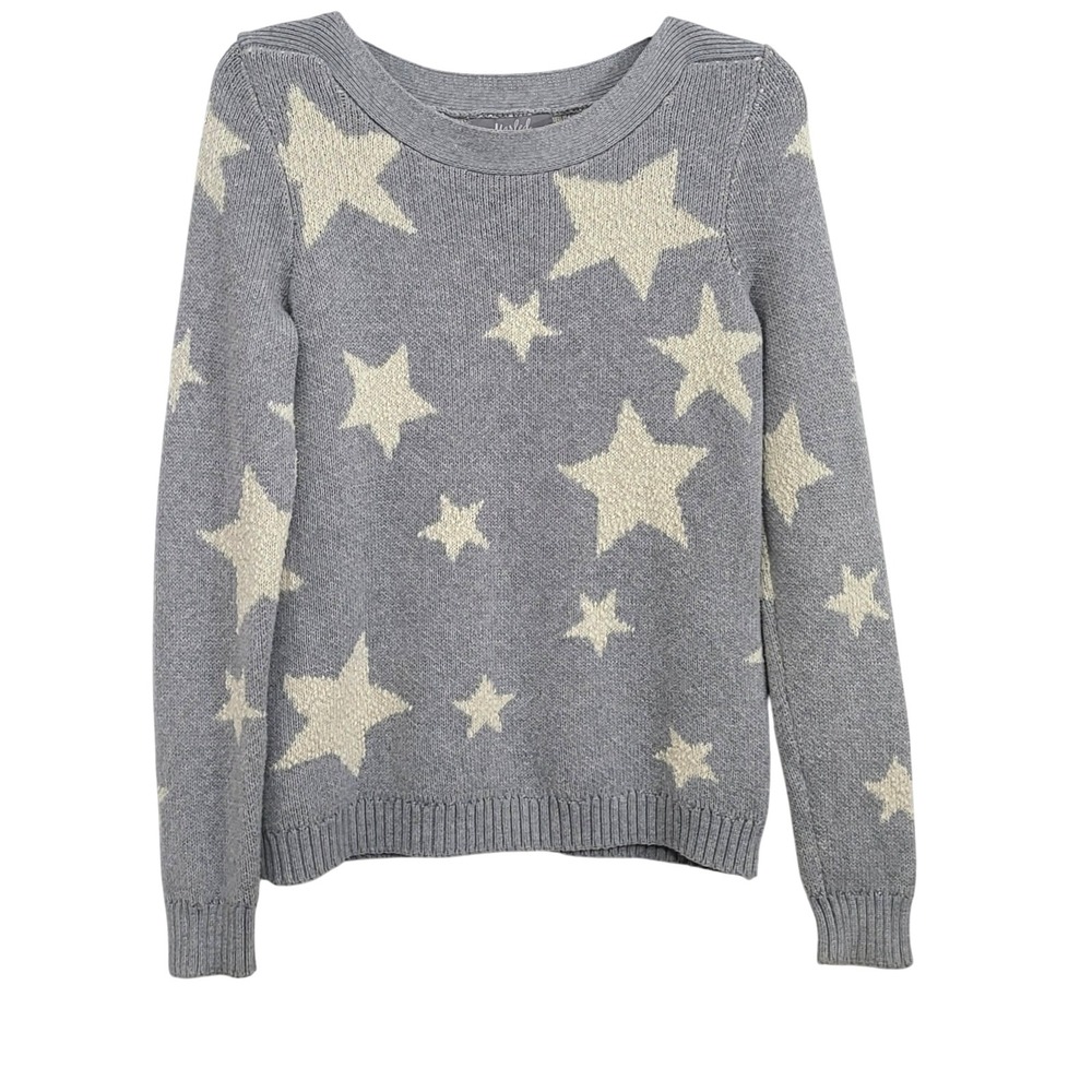 Marled Wmn Gray Ivory Star Print Boat Neck Long Sleeve Cotton Knit Sweater Small